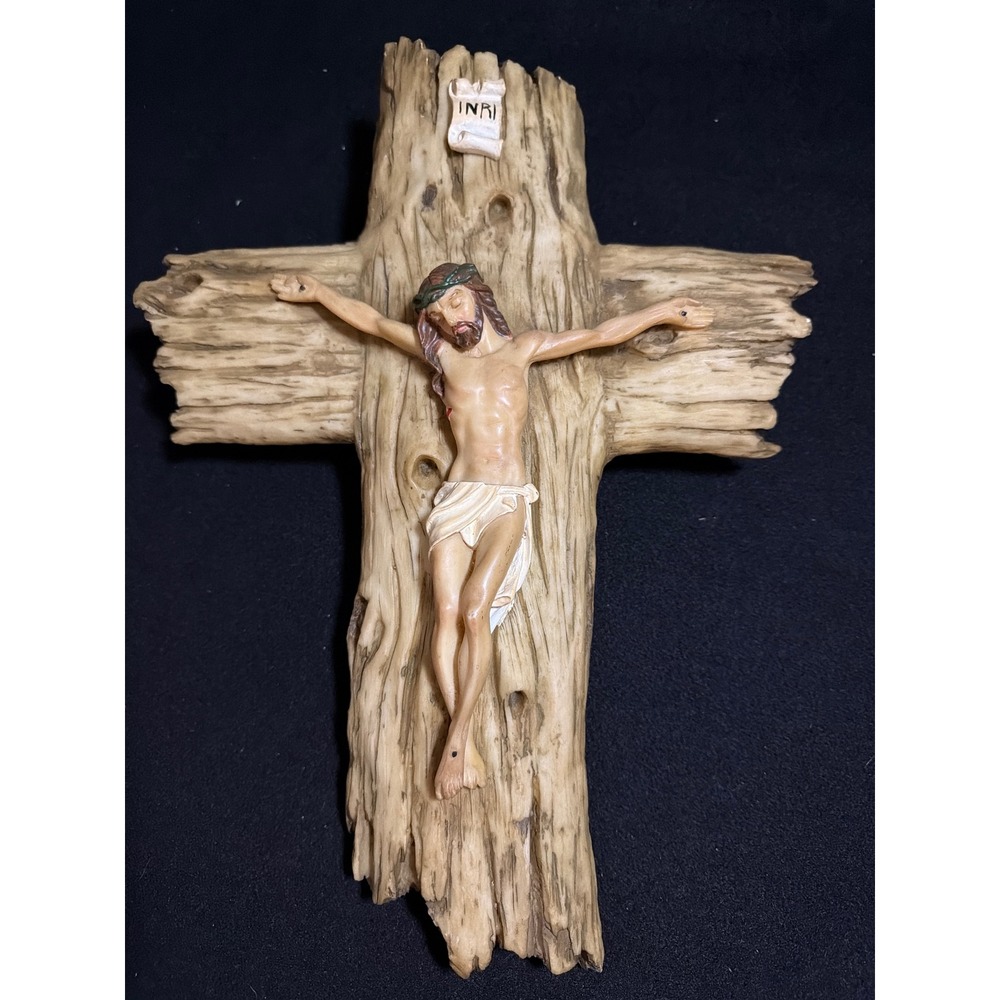 Rustic Faux Wood Wall Crucifix Jesus Christ Religious Cross INRI Decor 2005